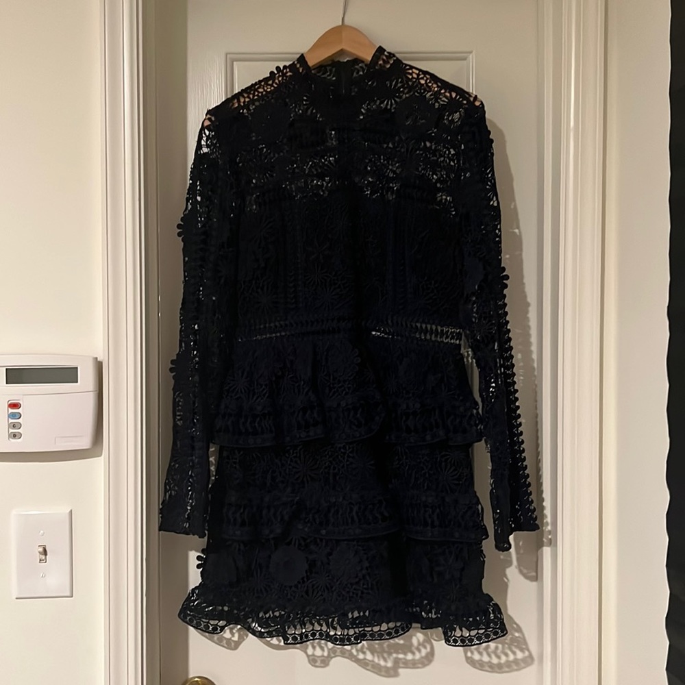 Self Portrait Navy Long Sleeve Lace Mini Dress